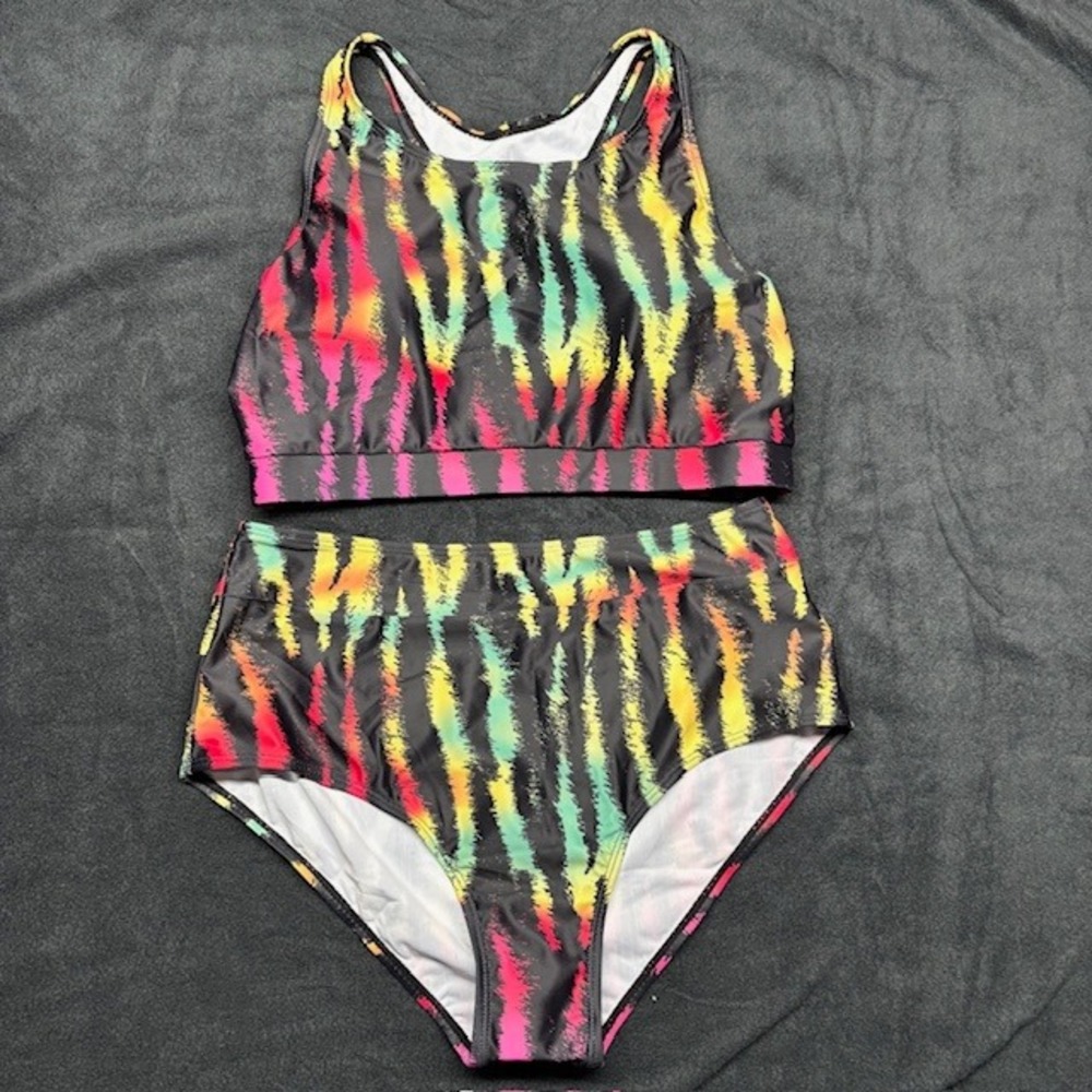 Neon Rainbow Tiger Stripe High Waisted Bikini Set Medium Black Multi Sporty